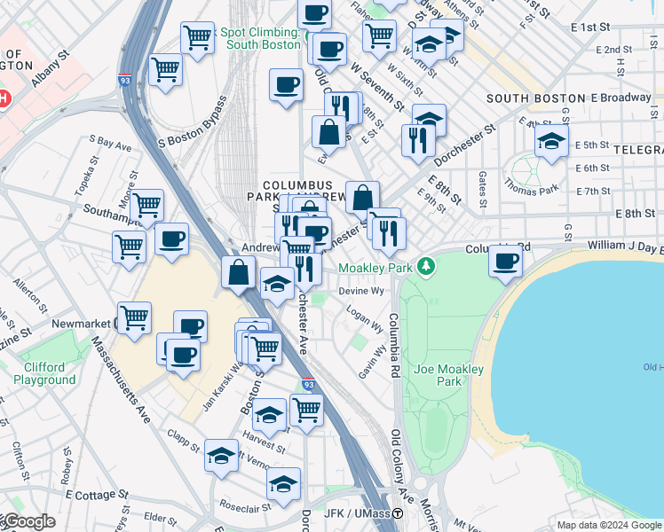 map of restaurants, bars, coffee shops, grocery stores, and more near 21 Rogers Street in Boston