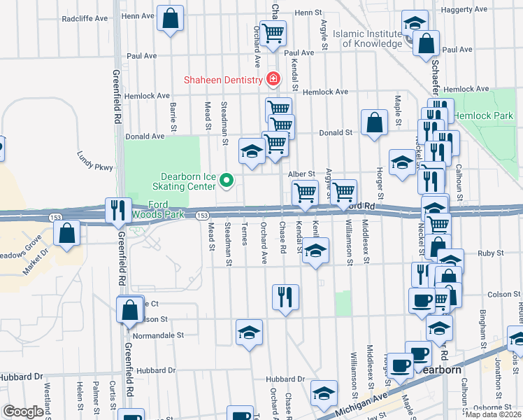 map of restaurants, bars, coffee shops, grocery stores, and more near 14749 Alber Street in Dearborn