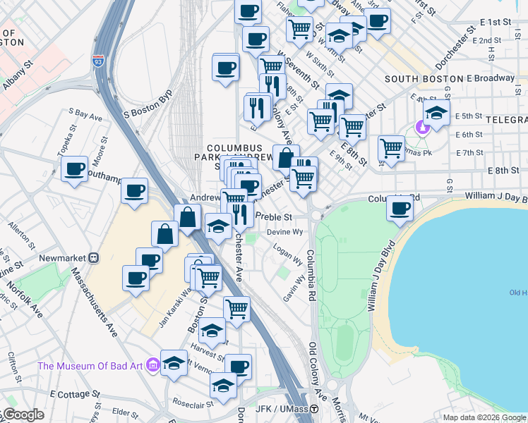 map of restaurants, bars, coffee shops, grocery stores, and more near Rogers Street in Boston