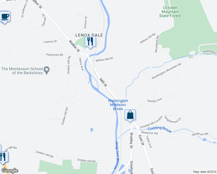 map of restaurants, bars, coffee shops, grocery stores, and more near 176 Mill Street in Lee