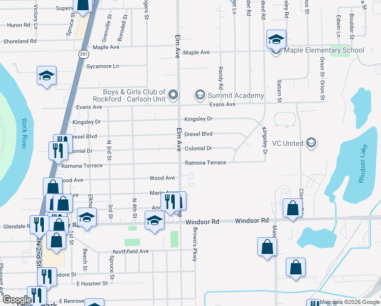 map of restaurants, bars, coffee shops, grocery stores, and more near 1114 Colonial Drive in Machesney Park