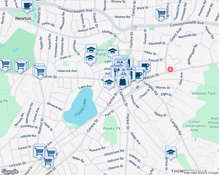 map of restaurants, bars, coffee shops, grocery stores, and more near 25 Ripley Terrace in Newton