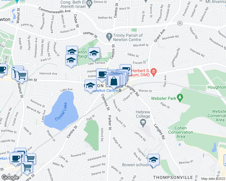 map of restaurants, bars, coffee shops, grocery stores, and more near Union St & Herrick Rd in Newton