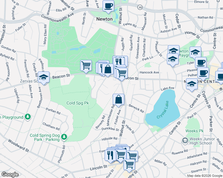 map of restaurants, bars, coffee shops, grocery stores, and more near 19 Carthay Circle in Newton