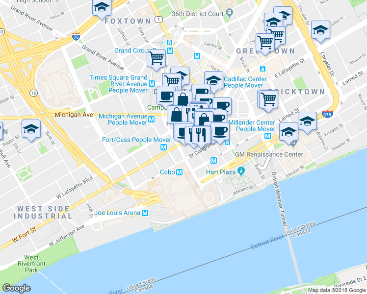 map of restaurants, bars, coffee shops, grocery stores, and more near 211 W Fort Street, Suite 1000 in Detroit
