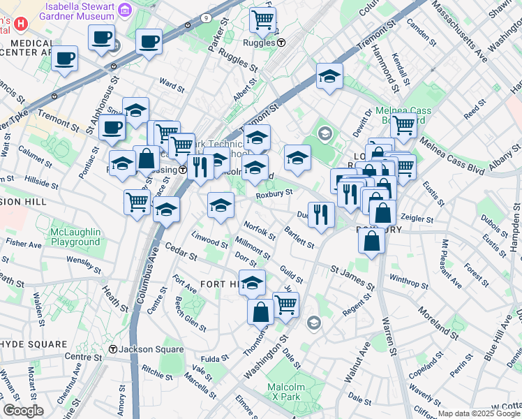 map of restaurants, bars, coffee shops, grocery stores, and more near 42B Centre Street in Boston