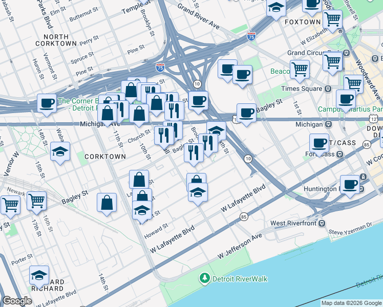 map of restaurants, bars, coffee shops, grocery stores, and more near 1365 Bagley Street in Detroit