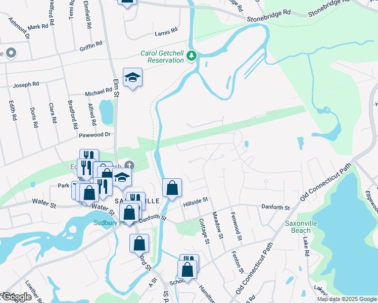 map of restaurants, bars, coffee shops, grocery stores, and more near 52 Oxbow Road in Framingham