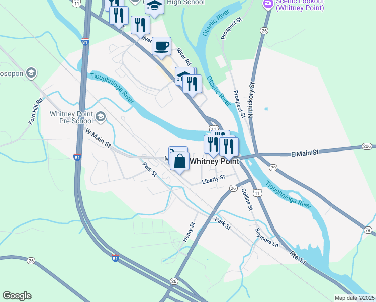 map of restaurants, bars, coffee shops, grocery stores, and more near 2624 Main Street in Whitney Point