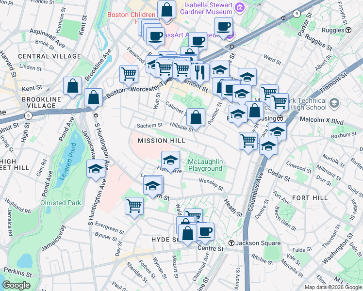 map of restaurants, bars, coffee shops, grocery stores, and more near 170 Parker Hill Avenue in Boston