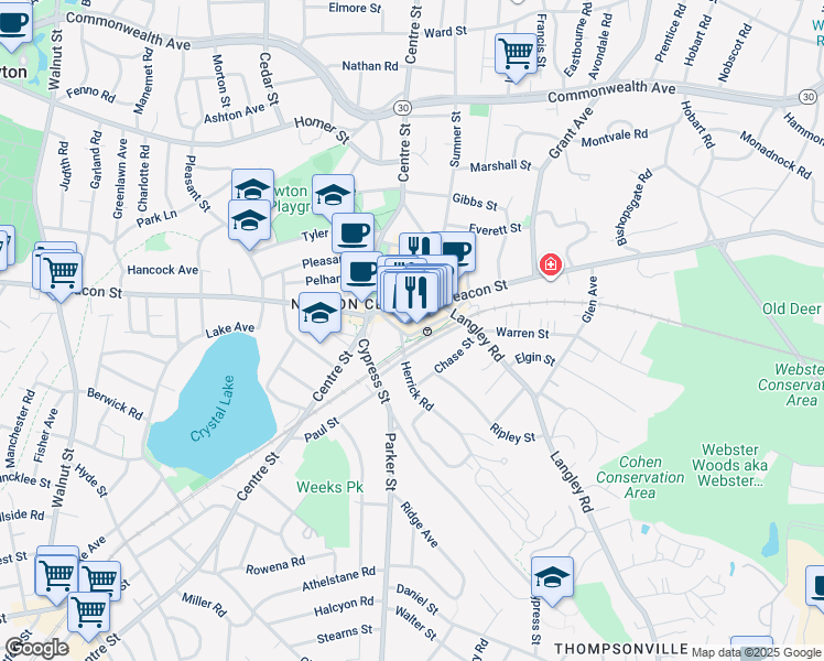 map of restaurants, bars, coffee shops, grocery stores, and more near 85 Union Street in Newton