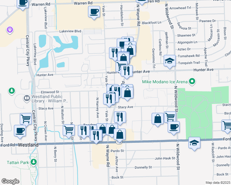 map of restaurants, bars, coffee shops, grocery stores, and more near 6149 Elmwood Street in Westland