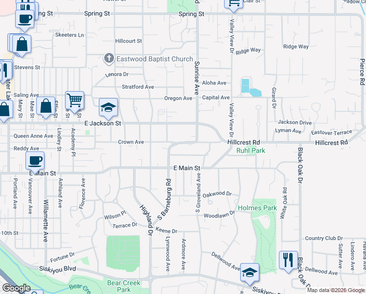 map of restaurants, bars, coffee shops, grocery stores, and more near 2004 Hillcrest Road in Medford