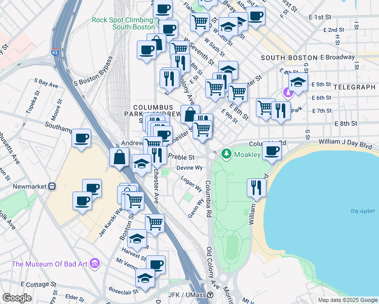 map of restaurants, bars, coffee shops, grocery stores, and more near 23 Vinton Street in Boston