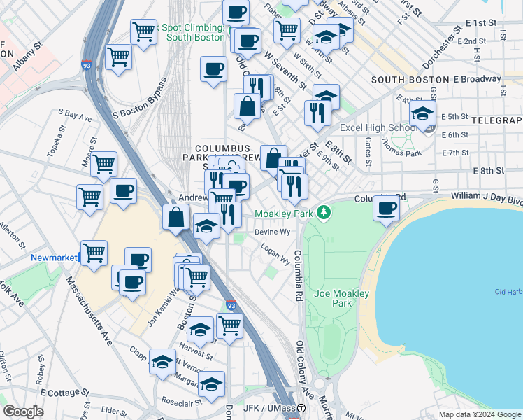 map of restaurants, bars, coffee shops, grocery stores, and more near 15 Ward Street in Boston
