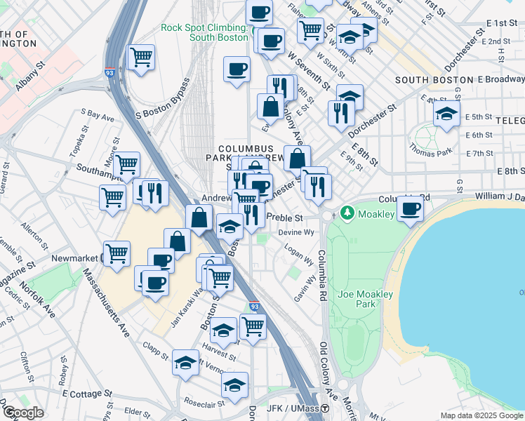 map of restaurants, bars, coffee shops, grocery stores, and more near 395 Dorchester Street in Boston