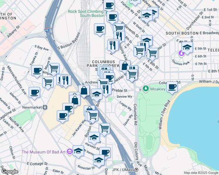 map of restaurants, bars, coffee shops, grocery stores, and more near 395 Dorchester Street in Boston