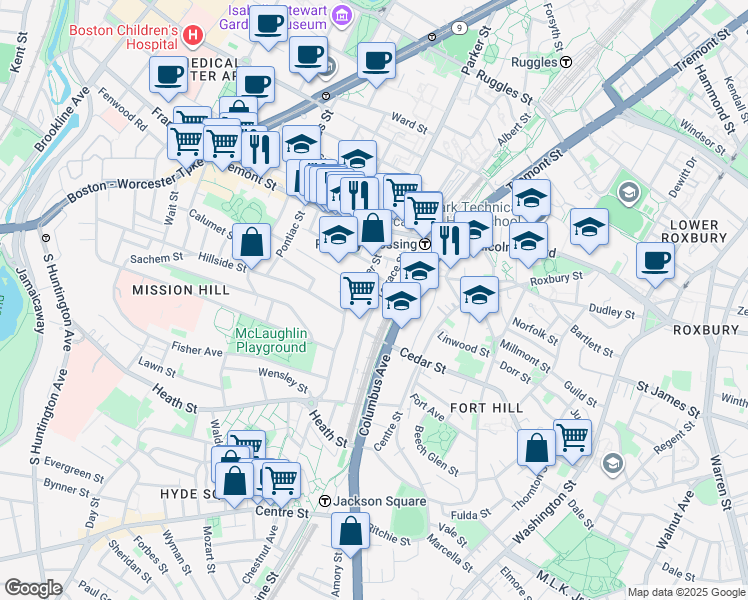 map of restaurants, bars, coffee shops, grocery stores, and more near 40 Terrace Street in Boston