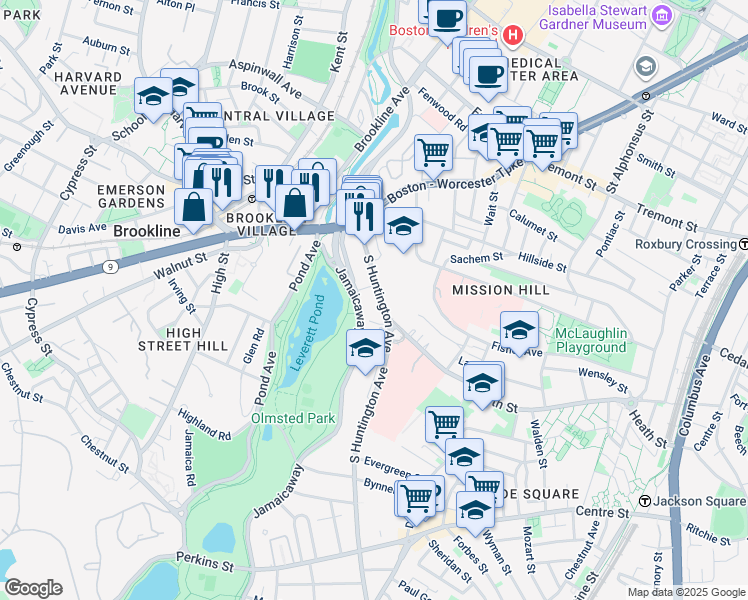 map of restaurants, bars, coffee shops, grocery stores, and more near 70 Jamaicaway in Boston