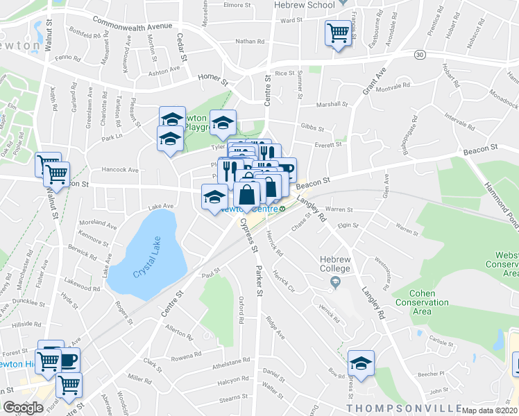map of restaurants, bars, coffee shops, grocery stores, and more near in Newton