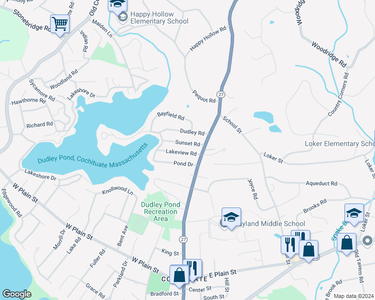 map of restaurants, bars, coffee shops, grocery stores, and more near 13 Sunset Road in Wayland