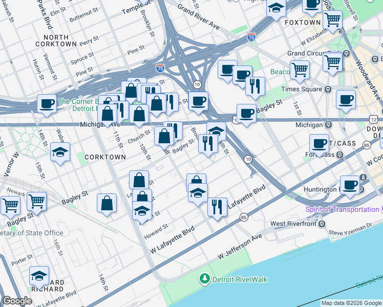 map of restaurants, bars, coffee shops, grocery stores, and more near 1365 Bagley Street in Detroit