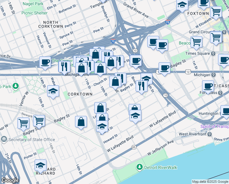 map of restaurants, bars, coffee shops, grocery stores, and more near 1730 Trumbull in Detroit