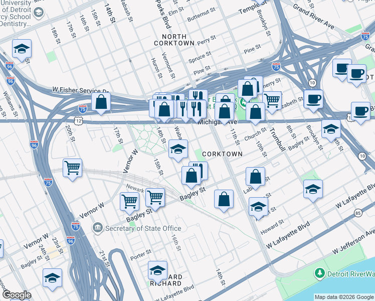 map of restaurants, bars, coffee shops, grocery stores, and more near 2201 Wabash Street in Detroit