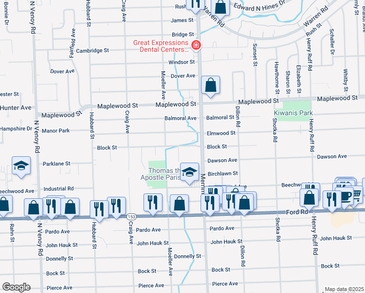 map of restaurants, bars, coffee shops, grocery stores, and more near 31468 Block Street in Garden City