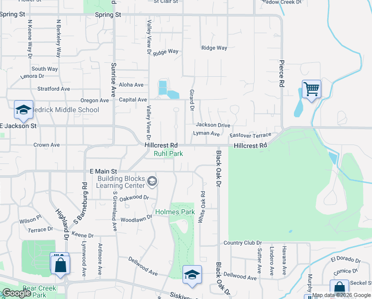 map of restaurants, bars, coffee shops, grocery stores, and more near 2419 Hillcrest Road in Medford