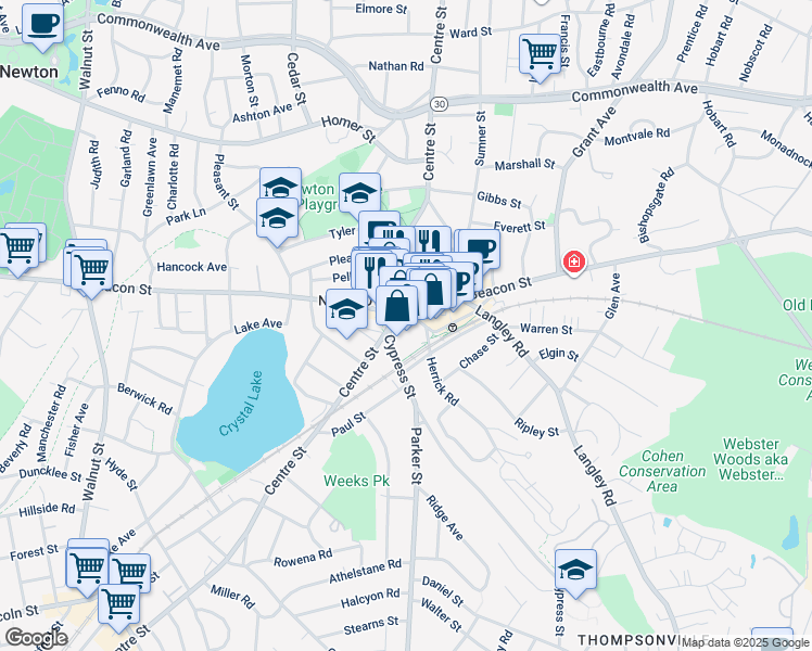 map of restaurants, bars, coffee shops, grocery stores, and more near in Newton
