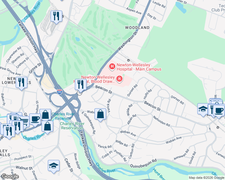 map of restaurants, bars, coffee shops, grocery stores, and more near 1989 Beacon Street in Newton