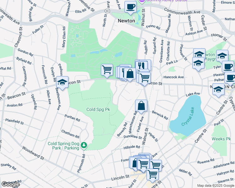 map of restaurants, bars, coffee shops, grocery stores, and more near 47 Beaconwood Road in Newton
