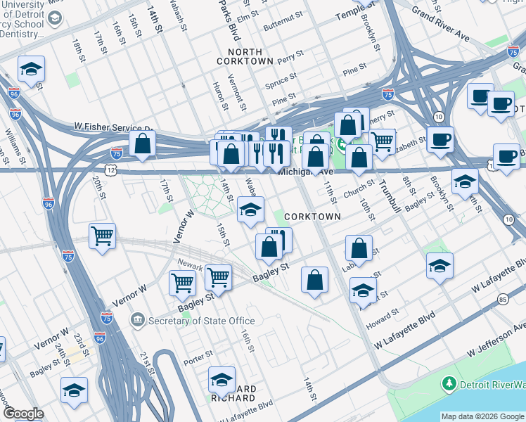 map of restaurants, bars, coffee shops, grocery stores, and more near 2201 Wabash Street in Detroit