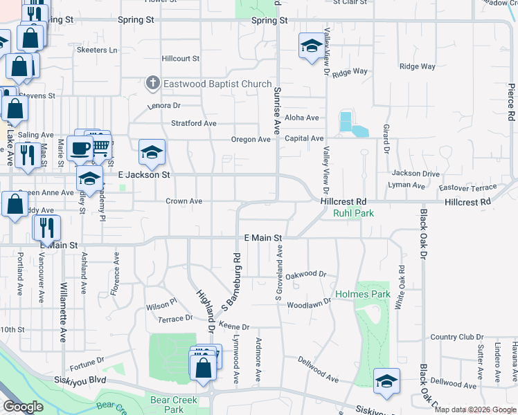 map of restaurants, bars, coffee shops, grocery stores, and more near 2004 Hillcrest Road in Medford