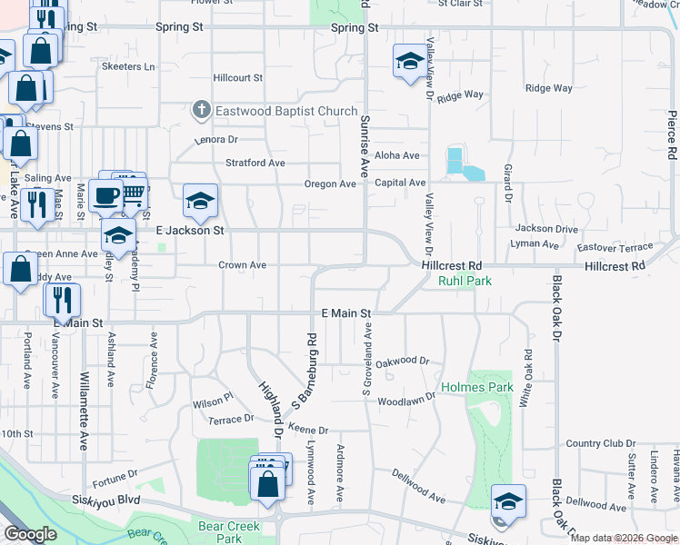 map of restaurants, bars, coffee shops, grocery stores, and more near 2004 Hillcrest Road in Medford