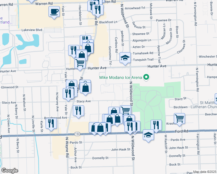 map of restaurants, bars, coffee shops, grocery stores, and more near 34601 Elmwood Street in Westland