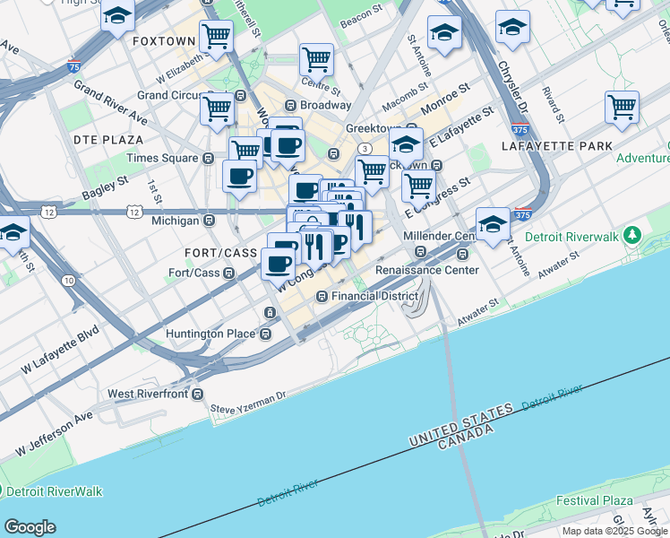 map of restaurants, bars, coffee shops, grocery stores, and more near 20 West Congress Street in Detroit
