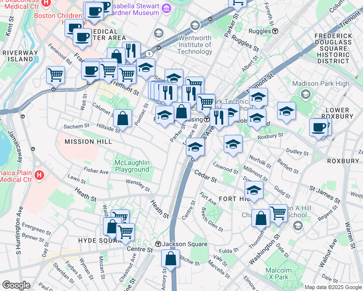 map of restaurants, bars, coffee shops, grocery stores, and more near 2 Alleghany Street in Boston