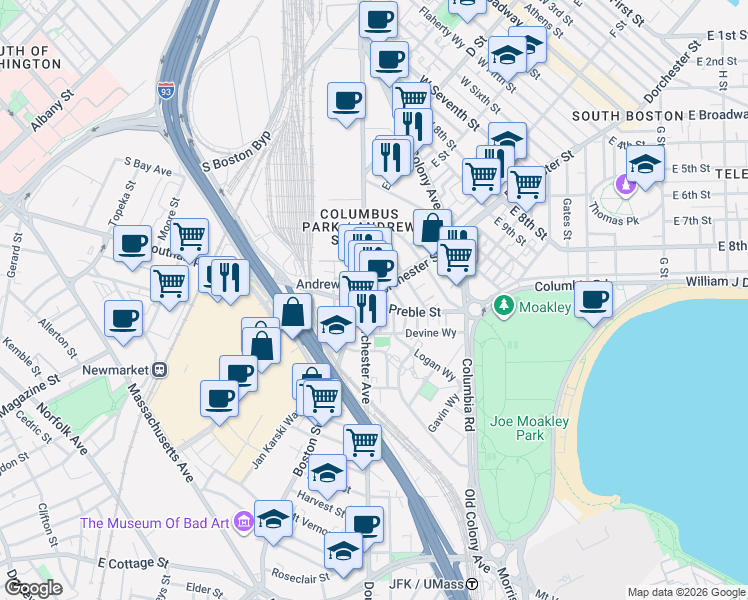 map of restaurants, bars, coffee shops, grocery stores, and more near 400 Dorchester Street in Boston