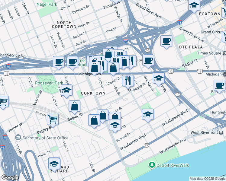 map of restaurants, bars, coffee shops, grocery stores, and more near 1618 Leverette Street in Detroit