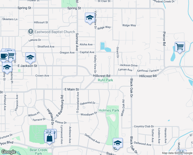 map of restaurants, bars, coffee shops, grocery stores, and more near 96 Valley View Drive in Medford
