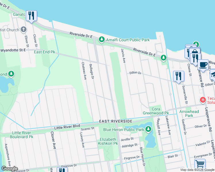 map of restaurants, bars, coffee shops, grocery stores, and more near 965 Banwell Road in Windsor