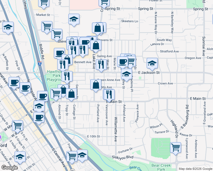 map of restaurants, bars, coffee shops, grocery stores, and more near 1008 Queen Anne Avenue in Medford