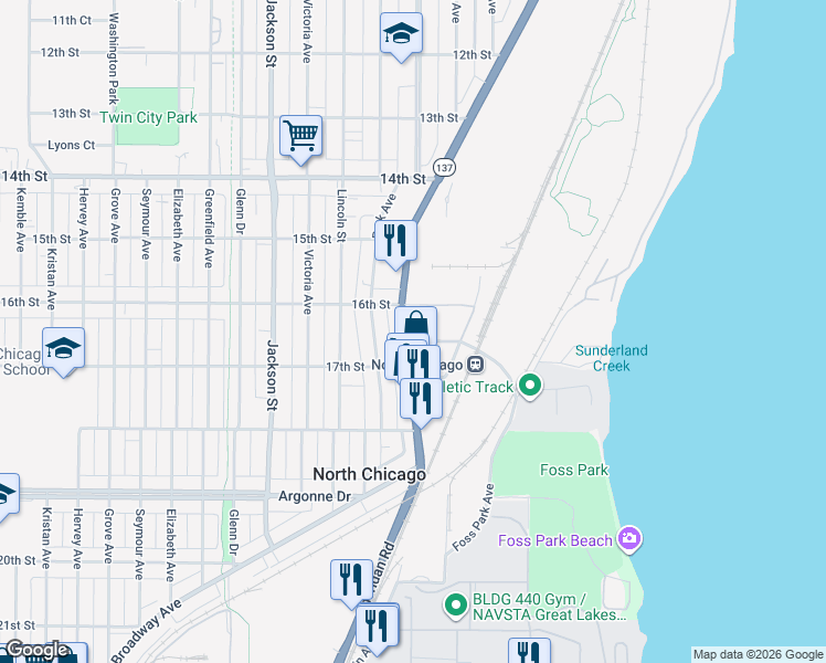map of restaurants, bars, coffee shops, grocery stores, and more near 1610 Sheridan Road in North Chicago