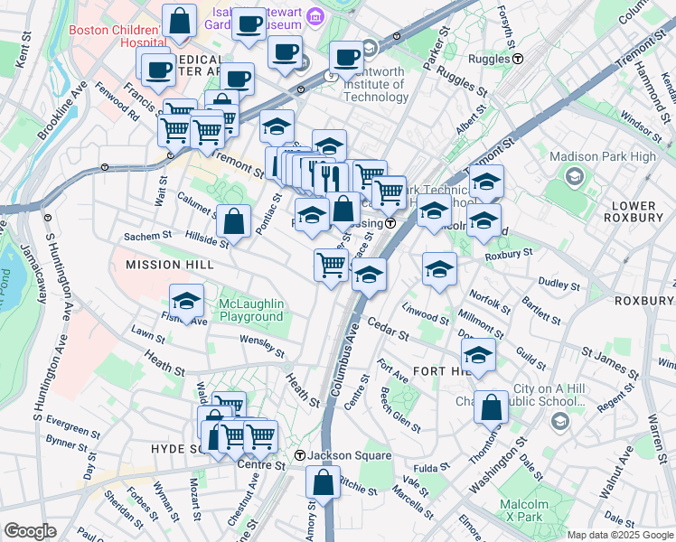 map of restaurants, bars, coffee shops, grocery stores, and more near 10 Alleghany Street in Boston