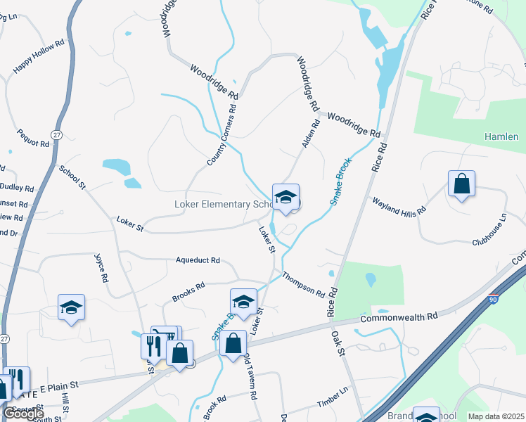 map of restaurants, bars, coffee shops, grocery stores, and more near 67 Loker Street in Wayland
