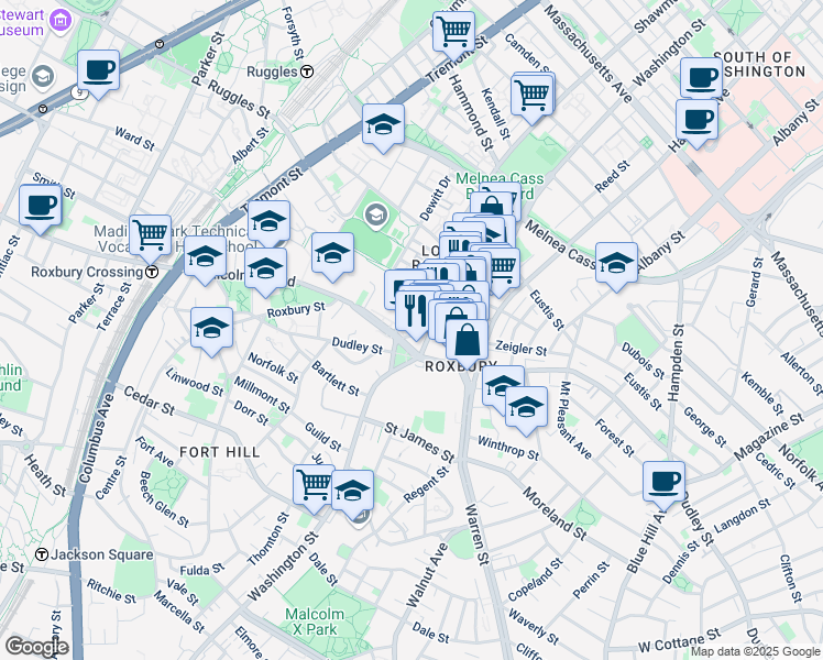 map of restaurants, bars, coffee shops, grocery stores, and more near 39 Roxbury Street in Boston