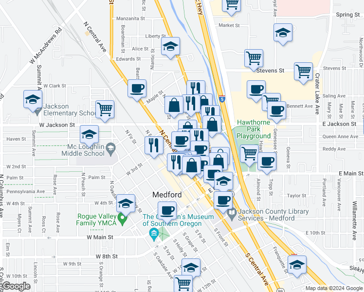 map of restaurants, bars, coffee shops, grocery stores, and more near 315 North Bartlett Street in Medford