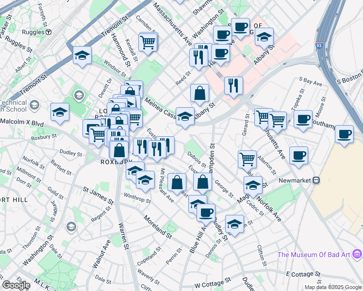 map of restaurants, bars, coffee shops, grocery stores, and more near 25 Ambrose Street in Boston